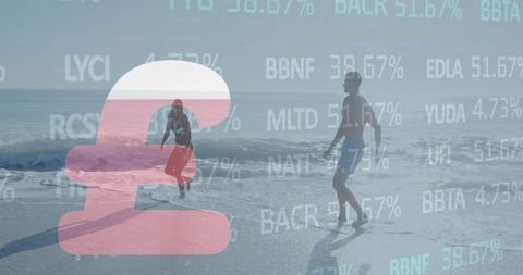 Couple Walking on Beach with Pound Symbol Overlay