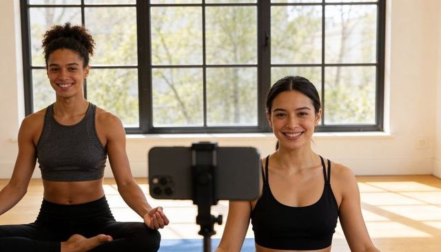 Two Women Leading Online Yoga Class Filmed on Smartphone Tripod in Bright Studio
