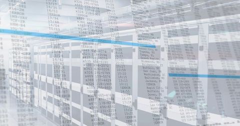 System logs overlaying futuristic datacenter corridor with server racks and led light trails