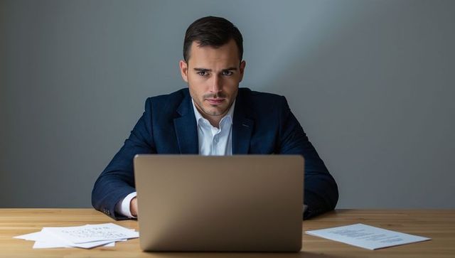 Focused Businessman Typing on Laptop in Professional Workspace