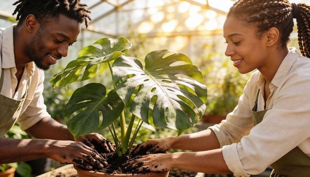 Couple repotting monstera plant together in sunlit greenhouse, smiling and working