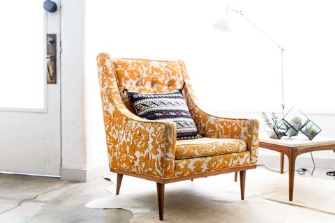 Vintage Armchair with Patterned Fabric in Bright Home Interior