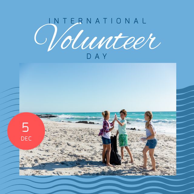 Children actively involved in recycling efforts on a beach for International Volunteer Day. Ideal for promoting volunteer events, community service programs, and environmental sustainability campaigns.