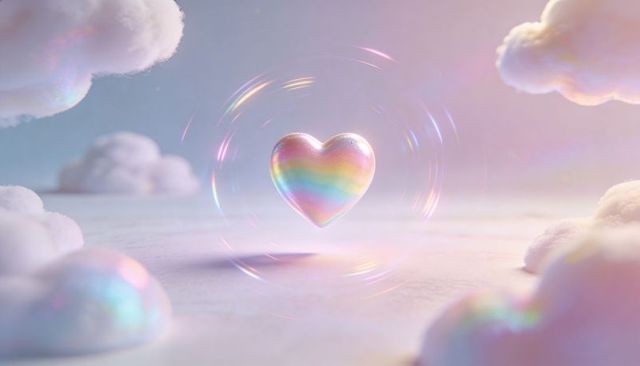 Iridescent rainbow heart floating in pastel cloud dreamscape with glowing light rings