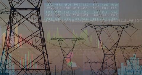 High-Voltage Transmission Towers at Dusk with Data Overlays for Smart Grid Insights