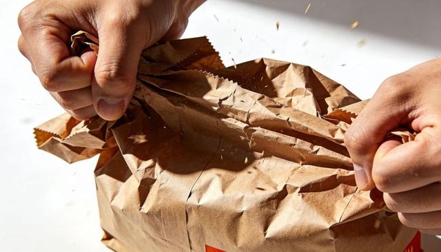 Hands tearing crumpled brown kraft paper bag with serrated top and red label fragment