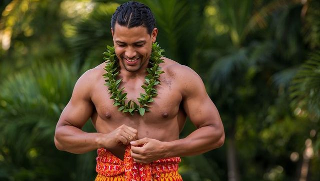 Smiling shirtless asian man adjusting red sarong wearing leaf lei among tropical foliage