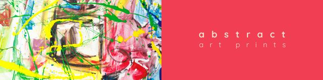 This banner design features a colorful abstract art print with vibrant paint splashes on one side and the words 'abstract art prints' on a red background. Great for use in promoting art galleries, online art shops, or other creative events. Ideal for website banners, social media posts, or email marketing templates to attract art enthusiasts and potential customers.