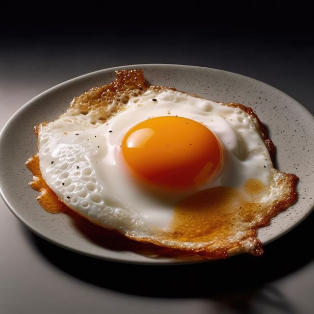 A perfectly fried egg sits on a plate, showcasing a runny yolk. Its crispy edges suggest a delicious breakfast option, ready to be savored.