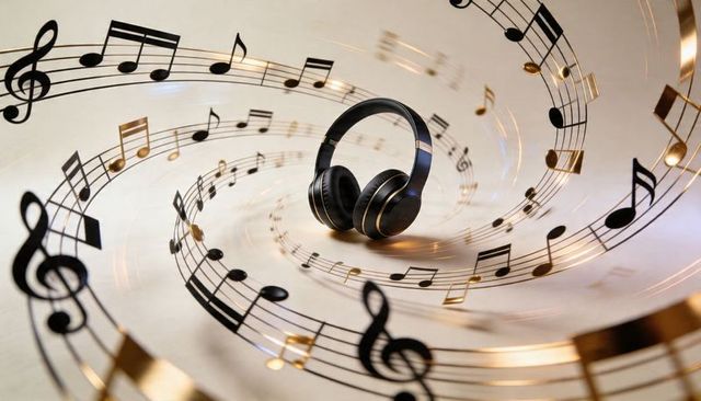 Black wireless over-ear headphones amid spiraling gold musical notes and treble clefs