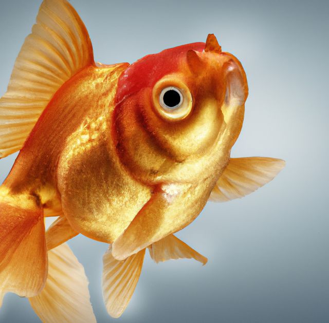 Image of close up of gold fish swimming in tank on grey background. Fish, underwater life and nature concept.