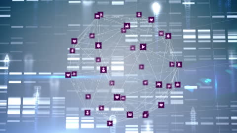 Digital Network Sphere with Technological Icons on Blue Background