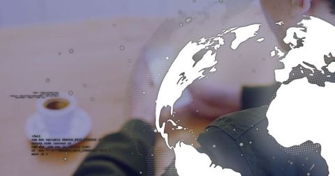 Developer navigating digital interface with code and globe graphics