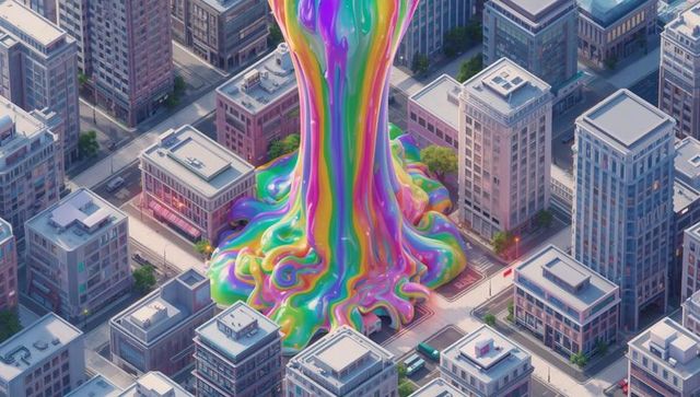 Glossy rainbow liquid pouring through downtown intersection, surreal urban melt concept