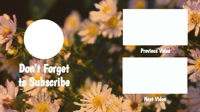 End screen template designed for YouTube videos, featuring a beautiful floral background. Left side includes a subscribe reminder with highlighted text, while right side has boxes for previous and next videos. Perfect for content creators wanting to engage viewers and encourage subscriptions.