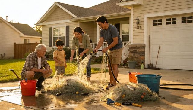 Multigenerational family cleaning fishing nets and catch on suburban driveway at sunset