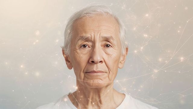 Contemplative senior asian man facing camera with neural network overlay conveying wisdom