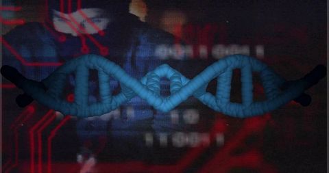 Glowing blue dna double helix floating over dark tech circuit backdrop with neon glitch effect