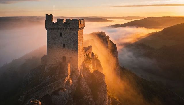 Crenellated castle tower standing on misty cliff at golden sunrise over fog-filled valley