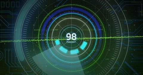 Futuristic HUD Interface Displaying 98 Percent Circular Progress with Green Waveform