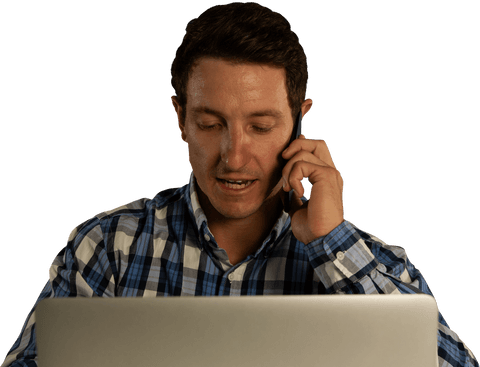 Professional Man in Checkered Shirt on Smartphone with Transparent Laptop