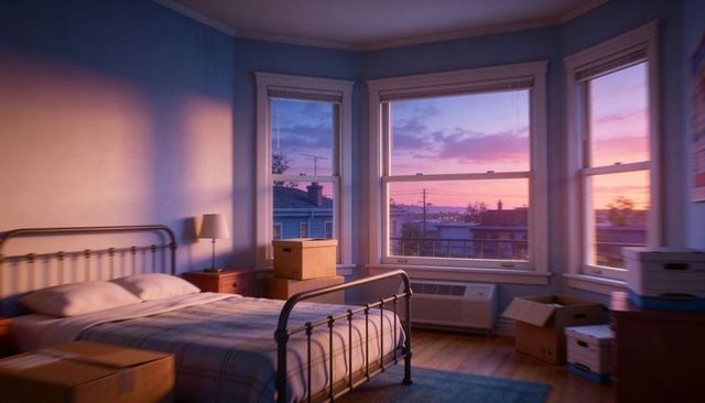 Sunset-lit bedroom with metal-framed bed, plaid blanket, packed boxes and warm dusk glow