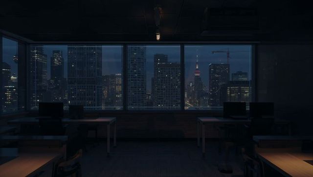 Overlooking nighttime downtown skyline through full-height office windows with idle desks