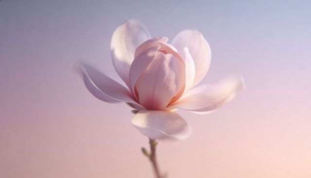 Soft pale pink magnolia blossom revealing central bud and petals on pastel gradient