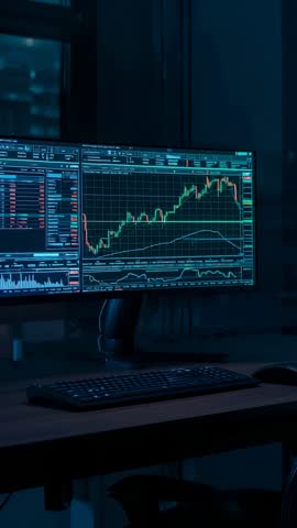 Vertical Trading Screen Displaying Live Candlestick Chart and Market Data in Night Office