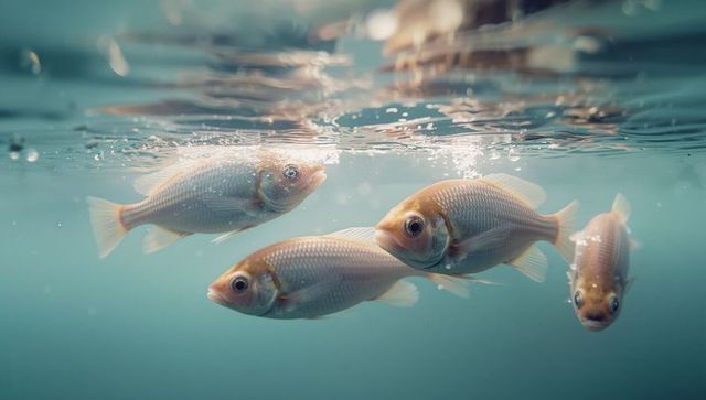 School of Fish Swims Underwater with Bubbles Reflecting Serenity