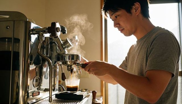 Sunlit home barista pulling espresso shot with stainless steel machine, crema, steam