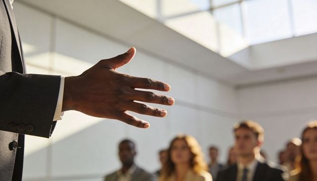 Business presenter extending hand, gesturing in corporate meeting under skylight, leadership moment