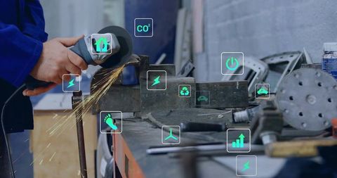 Metalworker Grinding Steel with Sustainable Innovation Icons