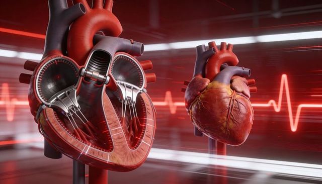 Displaying cutaway and intact human hearts with chambers and valves with neon 3d ecg