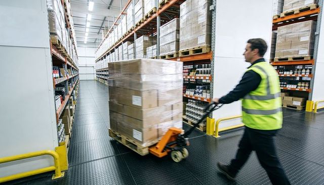 Warehouse worker transporting wrapped pallet on pallet jack through racked storage aisle
