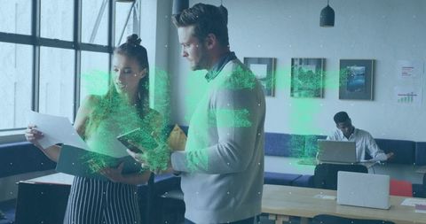 Professional collaboration in office lounge with digital overlay