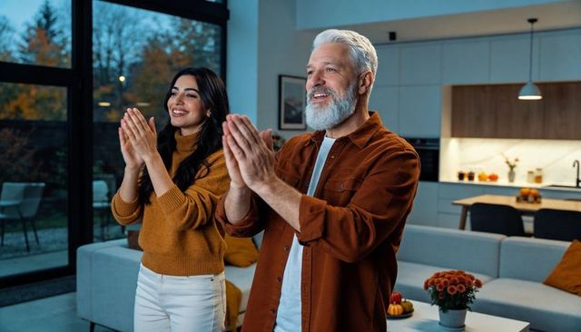 Applauding couple welcoming guests in cozy autumn kitchen with seasonal decor