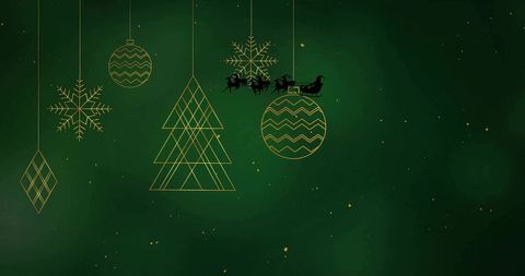 Hanging gold ornaments with santa sleigh silhouette on deep green festive backdrop