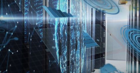 Futuristic Technology Data Center with Holographic Interface
