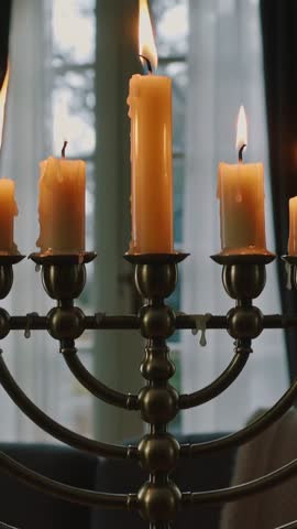 Burning Candles on Antique Candelabrum Creating Warm Romantic Atmosphere Vertical Video