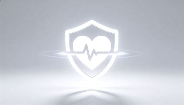 Glowing shield with heartbeat pulse floating in minimalist gray space for health security
