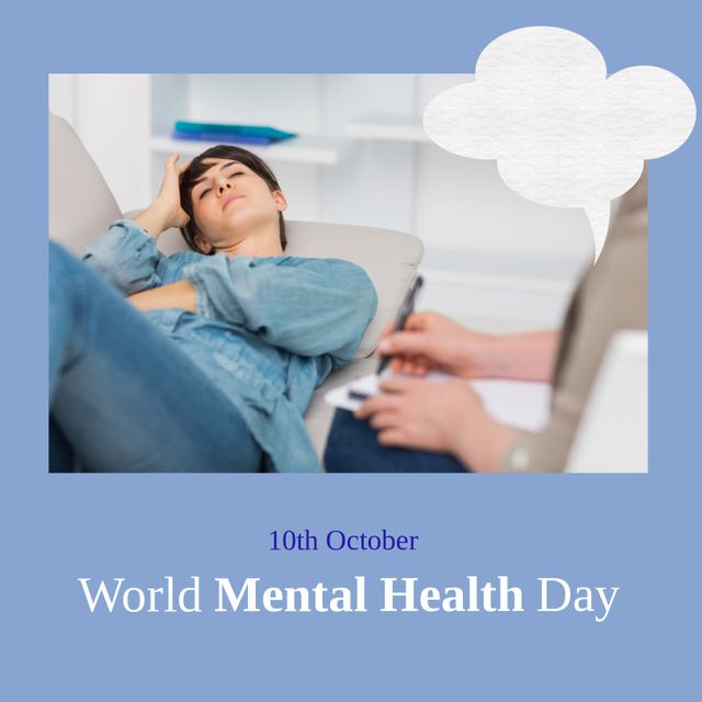 Animation of world mental health day text over diverse therapist and patient. Mental health day and celebration concept digitally generated image.