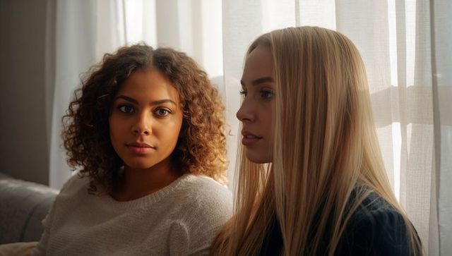 Two Women Sitting on Sofa by Window with Sheer Curtains Sharing Quiet Intimate Moment