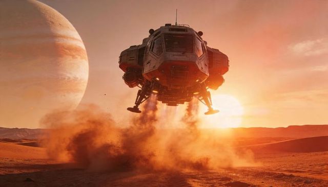 Futuristic Lander Hovering Over Red Desert Exoplanet Sunset Gas Giant Horizon Dust Plume