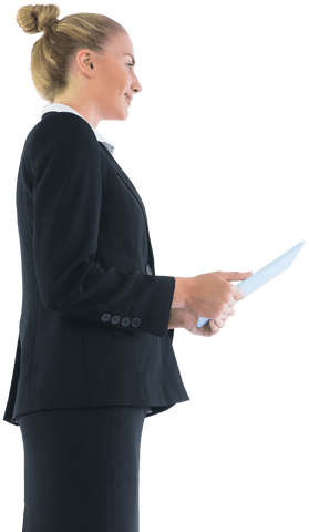 Businesswoman using tablet on transparent background with blonde hair