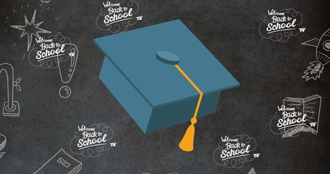 Graduation cap on blackboard with educational doodles