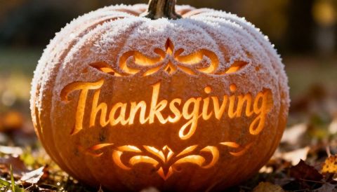 Frosted thanksgiving pumpkin lantern glowing with candlelight among autumn leaves