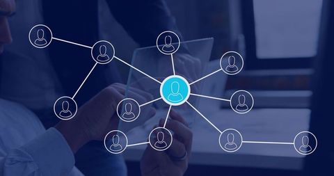 Business network visualization team collaborating on mobile devices and digital connections
