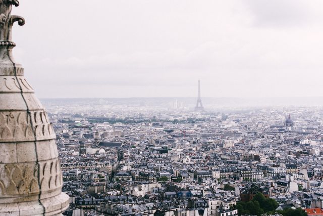 Panoramic view of Paris showcasing Eiffel Tower in distance. Ideal for travel magazines, tourism guides, educational materials, or as decorative art for offices and homes.