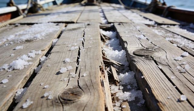 Weathered wooden dock planks glistening with granular frost and salt crystals closeup